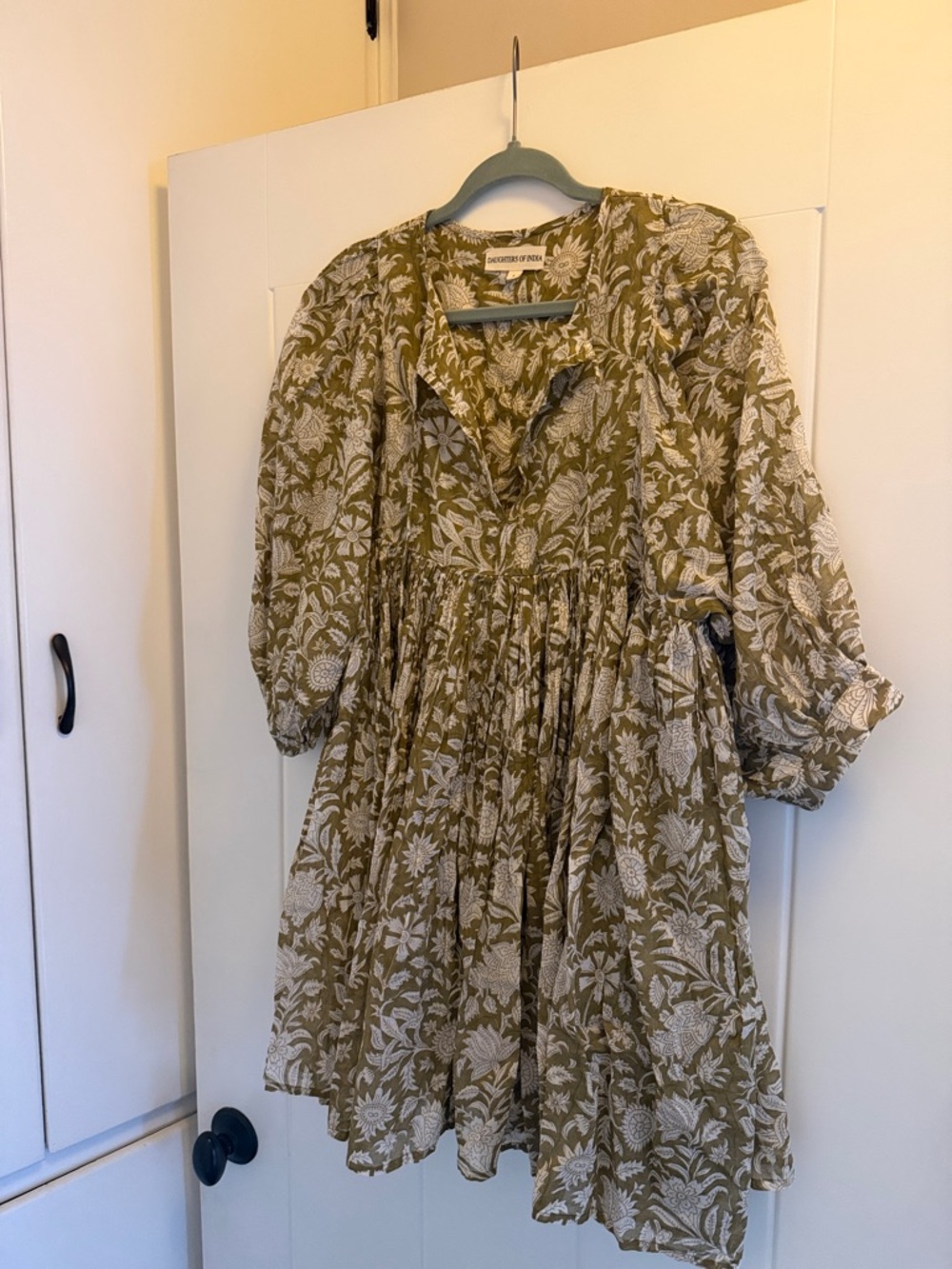 Daughters of India Olive Green and White Floral Tiered Dress small Kyra dress